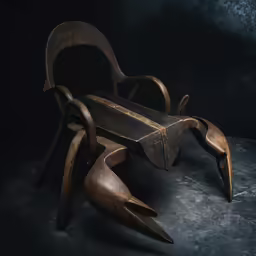 a wooden sculpture is next to a bench