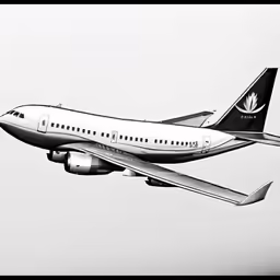 a black and white image of a passenger jet in the sky