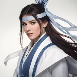 a girl with a blue head band has long, wavy brown hair