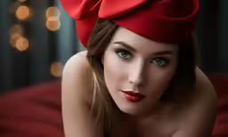 a woman is laying down with a red hat on her head