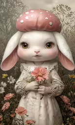 a small bunny with pink ears and a pink flower
