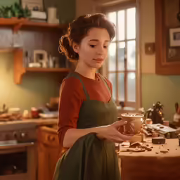 a woman in a dress stands in front of a kitchen counter holding a cup of coffee and looking at the camera