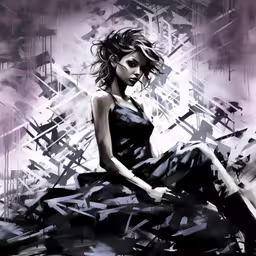 a painting of a woman in black sitting on a floor,a female sitting in front of a building with a clock