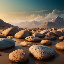 some rock on top of a lake near mountains