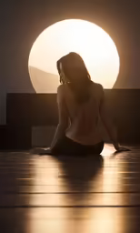 a woman is sitting on the floor with a backless bikini