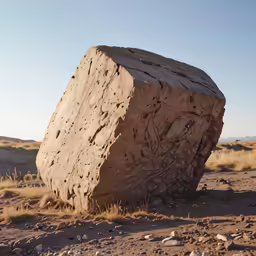 a rock formation on a desert plain, with the sun in the sky