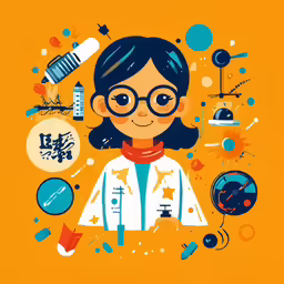 an illustration of a girl with glasses and science supplies around her