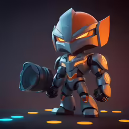 an orange robot is holding a camera