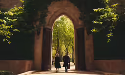 two people walk through an arch to a garden