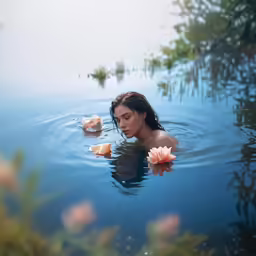 woman in the water with flowers on her head