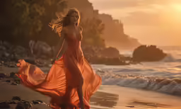 a girl on a beach in an orange dress