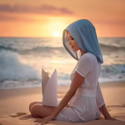 a painting of a woman on the beach