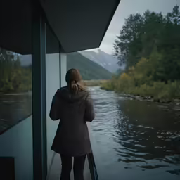 a person standing on a wall next to a river