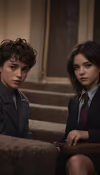 two girls sitting on the stairs in suits