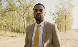 a man in a suit standing in the middle of a road