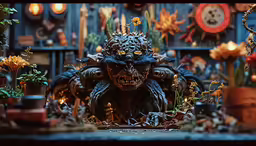 a large black object with many decorations around it
