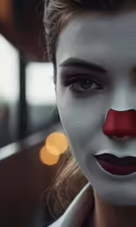 woman with painted face and red nose for advertisement