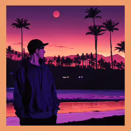 a man is standing on the beach while the sun is setting,a person is looking back over the beach
