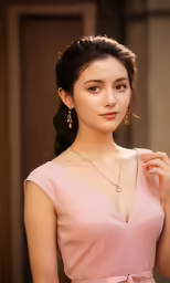 a woman in a dress holding a necklace on her left shoulder