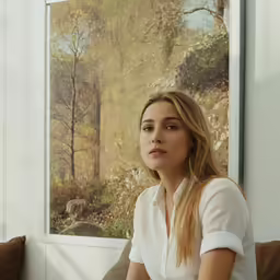 a woman is looking out the window while sitting on a couch