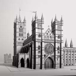 a drawing of a large cathedral with a clock tower