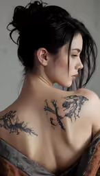 the back of a woman with tattoos and an artistic look on her body