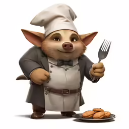 a cartoon pig holding a fork and knife in his hand