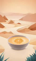 a white bowl of fruit on top of a desert