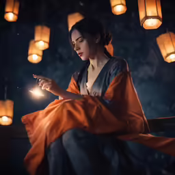a woman in a long orange kimono sitting on a chair holding an open cigarette