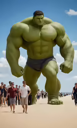 a giant, muscular man in a underwear stands on the beach while people walk around