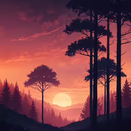 trees stand on a hill as the sun rises,the sunset with many trees in it, and bright colors