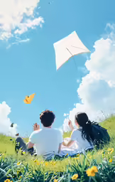 a boy and girl are sitting in the grass with a kite flying over them