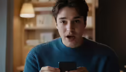 a man in a blue sweater holds a cell phone