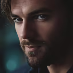 a man with long hair and blue eyes posing for a photo