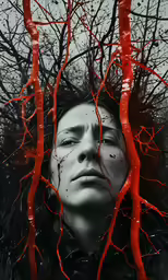 the poster shows the woman with red blood sprinkles on her head