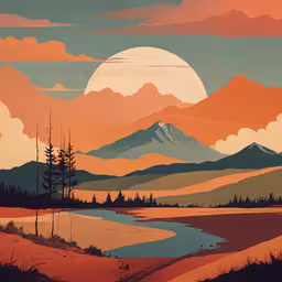 an image of a sunset setting over a lake,an image of a sunset with mountain and lake in the background