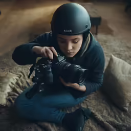 a person with a helmet on and holding a camera