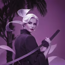 the woman is holding a sword and wearing a hat
