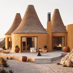 a house with two very large thatched roofs and windows