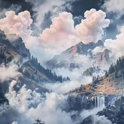mountains and waterfalls in a body of water