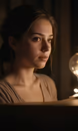a woman looking down while she is sitting next to a lamp