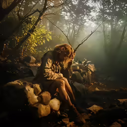 a person with glasses sitting on rocks in the forest