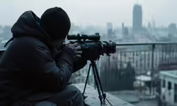 man filming cityscape in cold weather using camera