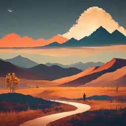 a scenic painting of mountains and a road,a person is walking down a long road that leads to a hill with mountains on either side
