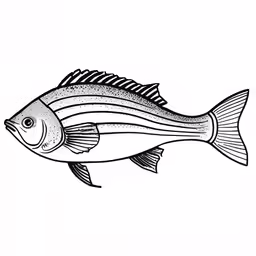 a black and white drawing of a striped fish