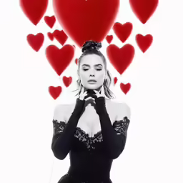 a young woman in lingerie with heart balloons behind her