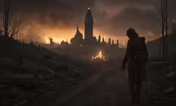 a person with a gun walking on a path near a castle