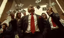 a group of people in suits and ties singing in the air