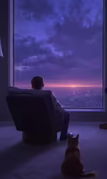 man sitting in chair watching a purple sky