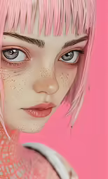 an illustrated painting of a young woman with freckles
